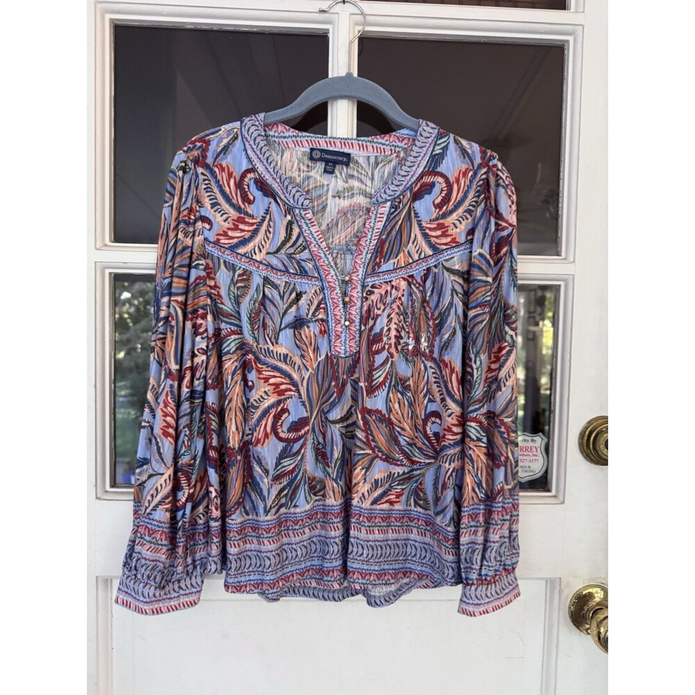 Democracy Blouse Womens PS Blue Paisley Feather Print Split Neck Boho